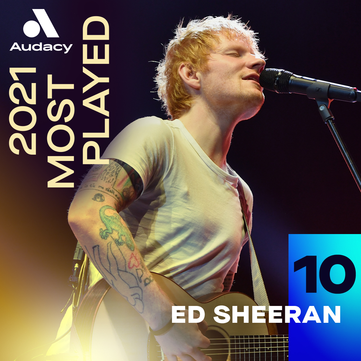 Audacy's tweet photo. β° Let the countdown begin! β°
Where did your faves land in the #AudacyMostPlayed artists of 2021?! π§
#10 β¨ @EdSheeran https://t.co/0I11dfMODv