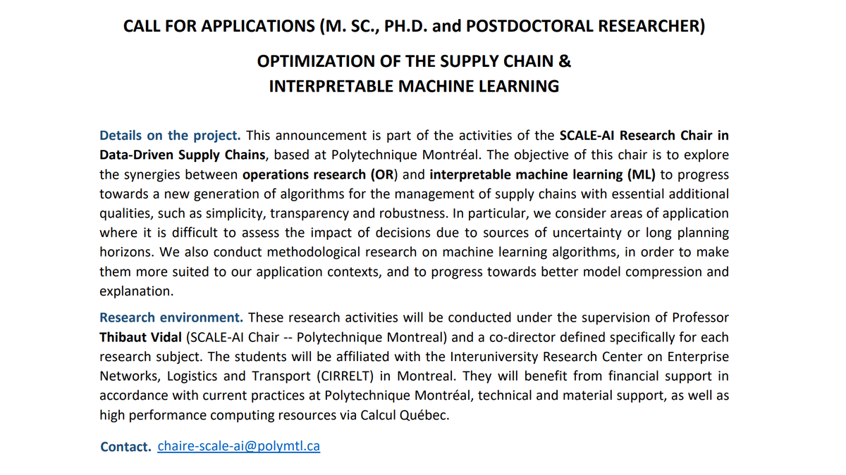 New MSc, Ph.D., and postdoc positions are opening at the SCALE-AI Chair on Data-Driven Supply Chains at @polymtl. Research topics on #ORMS, #optimization and interpretable #MachineLearning. Can you relay this announcement to your network? w1.cirrelt.ca/~vidalt/resour…