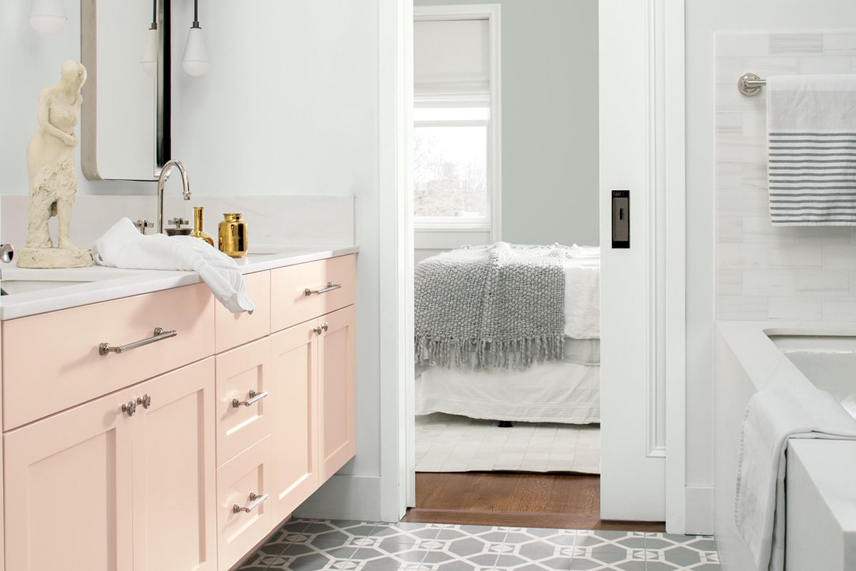 CalSouthDecor's tweet photo. A light and airy pink like Head Over Heels AF-250 is just what this bathroom needs, pairing easily with Decorator’s White OC-149 on the walls. Did you spot Metropolitan AF-690 in the adjoining room? Contact us when you’re ready to plan your next... https://t.co/sv2eogB7WT https://t.co/9sp7A7nKIC