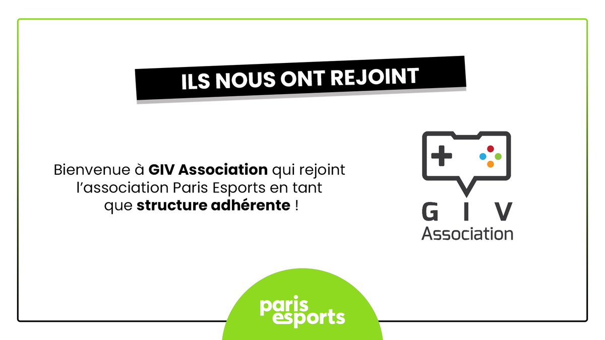 Bienvenue à <a href="/giv_lan/">Association GIV</a> qui nous rejoint en tant que structure adhérente pour soutenir les initiatives de <a href="/ParisEsports/">Paris Esports</a> ! 👏

🟢 Vous aussi, vous voulez adhérer avec votre association ou structure francilienne ? Faîtes le dès maintenant : bit.ly/PE_adhesion2021