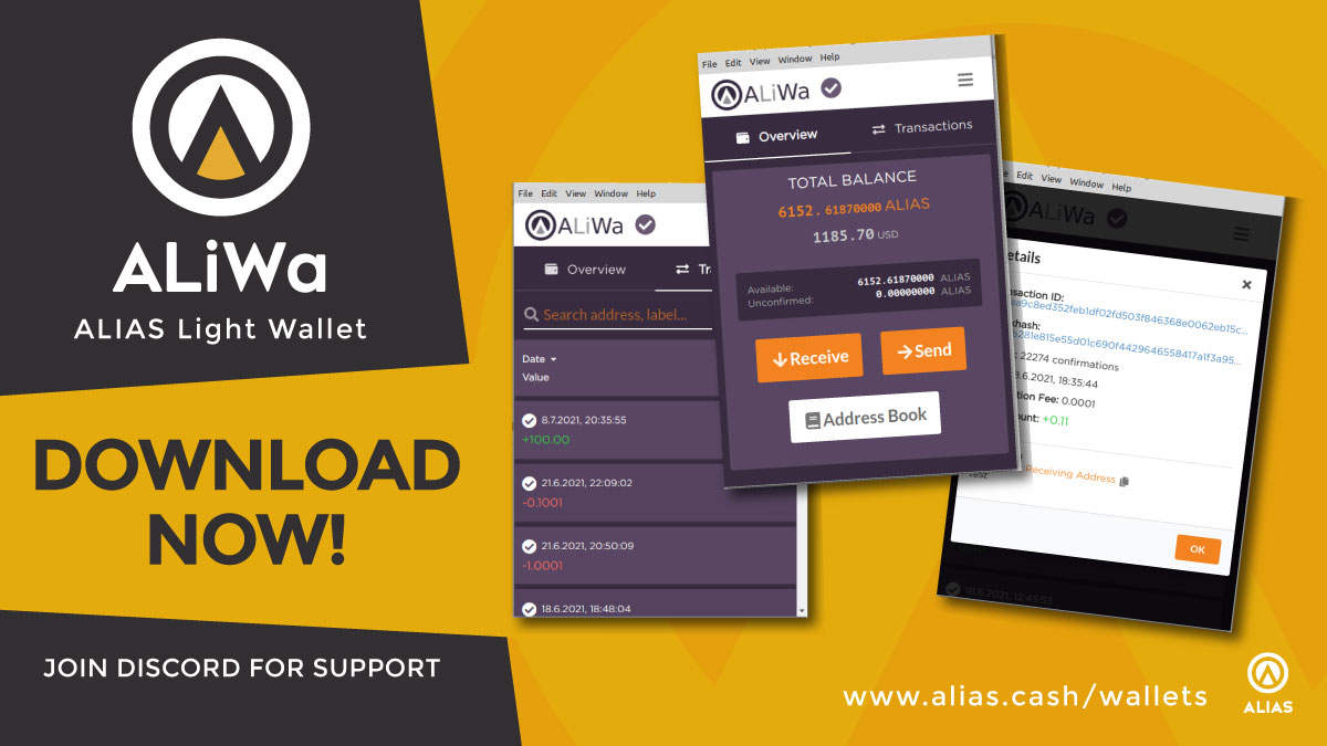 ALIAS_Cash's tweet image. $Alias #LightWallet (ALiWa) is out!
•Fast &amp;amp; easy way to store coins safely!
•Ideal for traders who just want to store their coins away from insecure exchanges.
•Instant recovery from seed!
• Ideal for storing their coins away from insecure exchanges.
alias.cash/wallets/