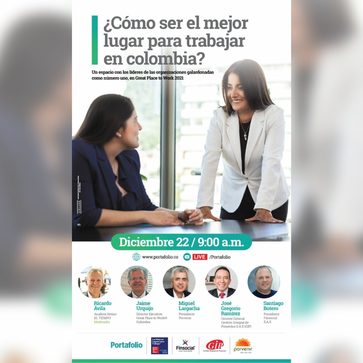 Amigos, mañana estaré participando en un foro organizado por <a href="/Portafolioco/">Portafolio</a>, donde compartiré con varios líderes de las organizaciones galardonadas como #1 por <a href="/GPTW_Colombia/">Great Place to Work® Colombia</a> 2021.

Los espero este miércoles 22 de diciembre, a las 9:00 a.m.
Conéctate aquí: youtube.com/watch?v=MuP9hV…