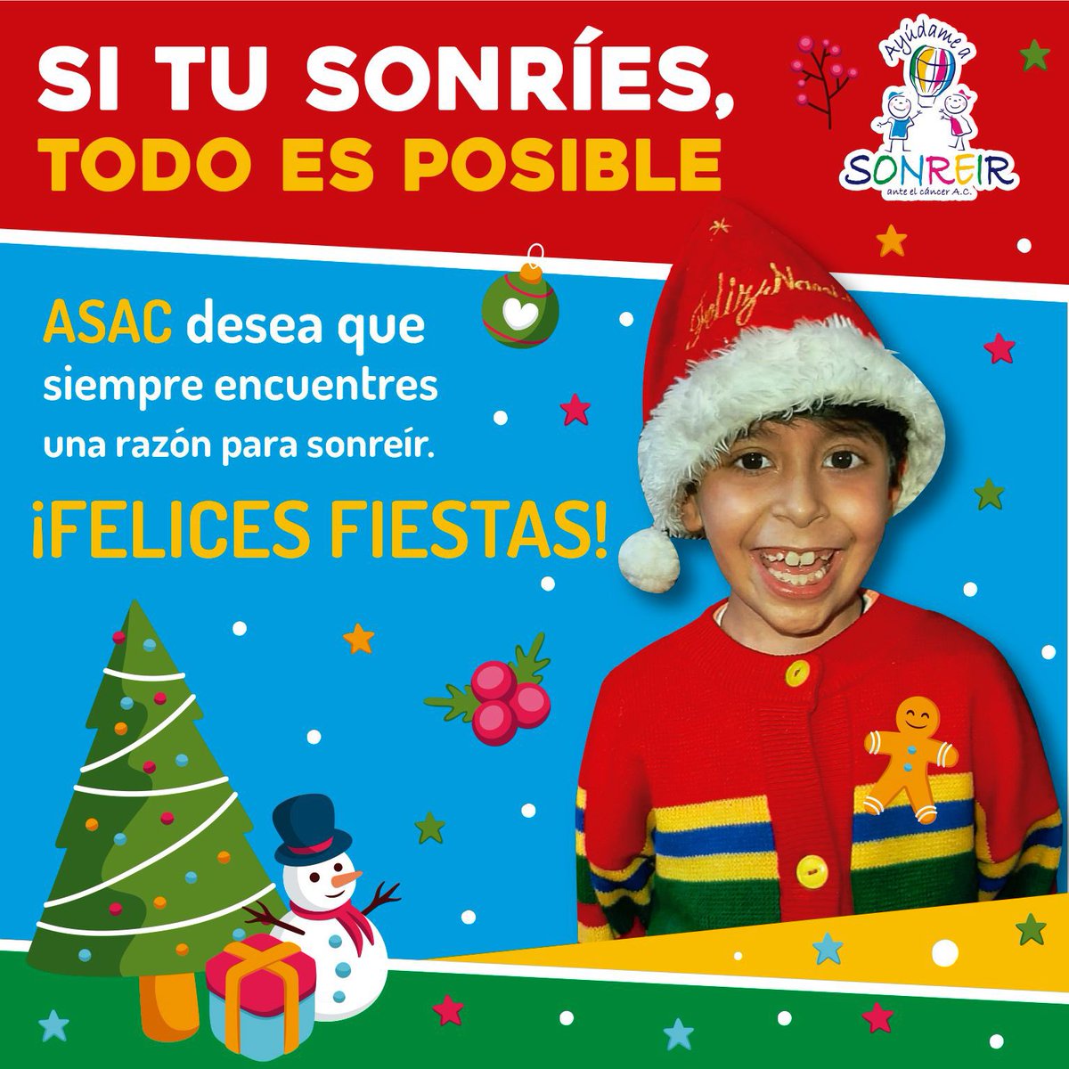 AyudameaSonreir's tweet photo. 🎄¡GRACIAS por encontrar en #ASAC el medio para construir un #mundo mejor!🎄
Que las #sonrisas 😄 y #enseñanzas 💖 de nuestr@s #MaestrosDeVida 🎗, te acompañen siempre.
¡FELICES FIESTAS!
#NavidadASAC #CáncerInfantil #JóvenesConCáncer #acompañamiento #MaestrasDeVida #familiaASAC https://t.co/OiWBl47iVE