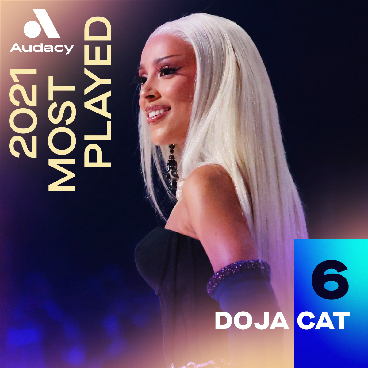 Audacy's tweet photo. Where did your faves land in the #AudacyMostPlayed artists of 2021?! π§
#6 β¨ @DojaCat https://t.co/ZDOcLujsh8