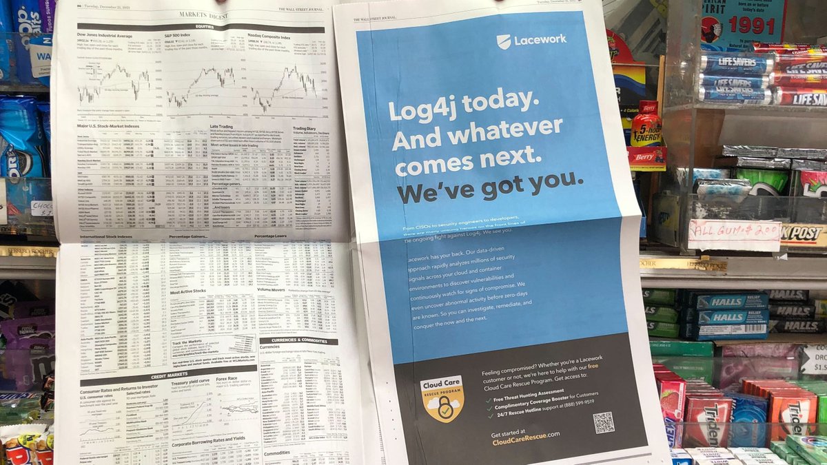Lacework's tweet photo. Extra Extra! 🗞️  Today we were featured in the @WSJ, to announce Lacework #CloudCare, a free #Log4j rescue program. 

Learn more about it here: https://t.co/EKjngKEXYN https://t.co/aHa38aR2Ap