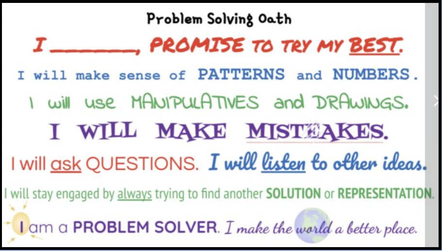 <a href="/dsladkey/">David Sladkey</a> offers several strategies from <a href="/pgliljedahl/">Peter Liljedahl</a>
 's book Building #Thinkingclassroom Students Doing Challenging Questions Vertical Surfaces     
teachhighschoolmath.blogspot.com/2021/12/the-ma…
I like using the problem solving oath to help build #growthmindset #iteachmath #Elemmathchat