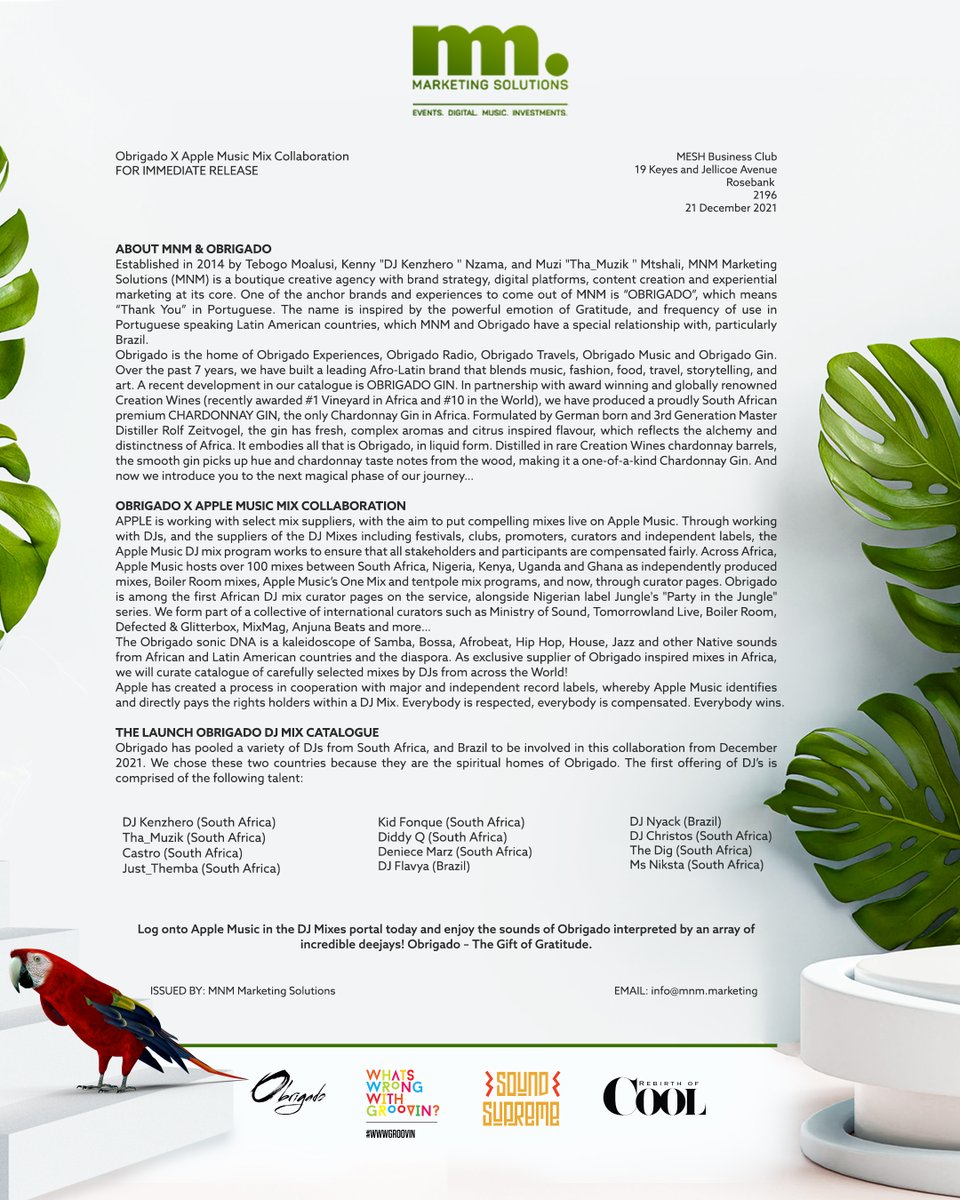 Bom Dia Familia!

MNM Marketing Solutions is proud to present: Obrigado Apple Mixes: #JourneyintoTheSunset

Exclusive Obrigado DJ mixes link: apple.co/3yKStek

Tell us which is your favourite mix! Enjoy!

#journeyintothesunset #obrigadomeetsapple #obrigadosa