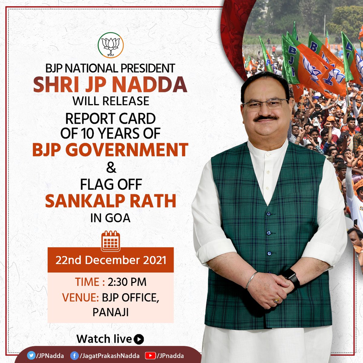 OfficeofJPNadda's tweet photo. BJP National President Shri @JPNadda Ji will release report card of 10 years of BJP Government &amp; flag off 'Sankalp Rath' in Goa at 2:30 PM tomorrow. https://t.co/ln864cRpH4