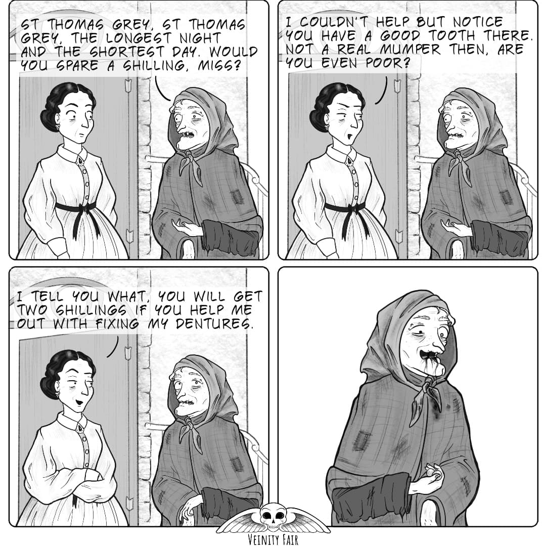 VeinityFair's tweet photo. December 21, #WinterSolstice is a day on which #Victorians would honor St. Thomas by participating in charitable events, giving food  &amp; money to the poor. One of the customs was for poor women to go around the houses asking for alms, which was often referred to as ... (1/2) https://t.co/lHIizmsg6n