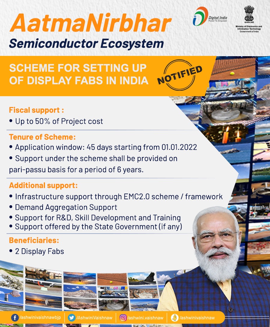 AshwiniVaishnaw's tweet photo. B) Scheme for setting up of Display Fabs in India notified.

https://t.co/FpKybrQJwM https://t.co/3kgnWXG3xN