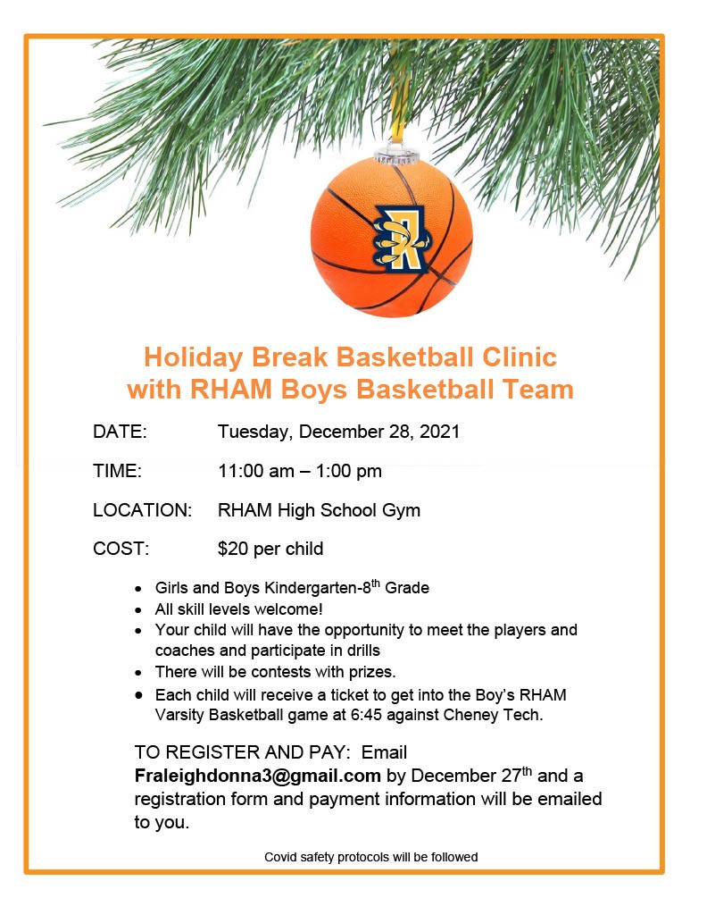HebronCTRec's tweet image. The RHAM Boys Basketball team is putting on a Basketball Clinic Fundraiser for kids Kindergarten through 8th grade during vacation week on December 28th!