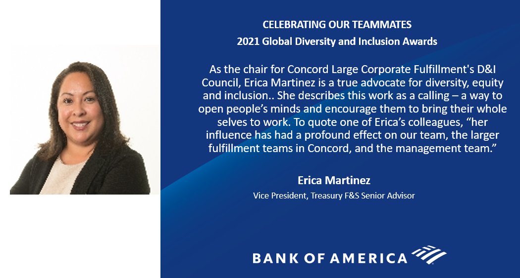eliz_sf's tweet photo. #Congratulations to #SanFrancisco #EastBay teammate #EricaMartinez for her leadership commitment to #DiversityandInclusion! As #Concord D&amp;I chair, she was one of 1,700 enterprise nominees &amp; ultimately 163 @BankofAmerica #globalD&amp;I 2021 award honorees. https://t.co/U8ztK7n6gE