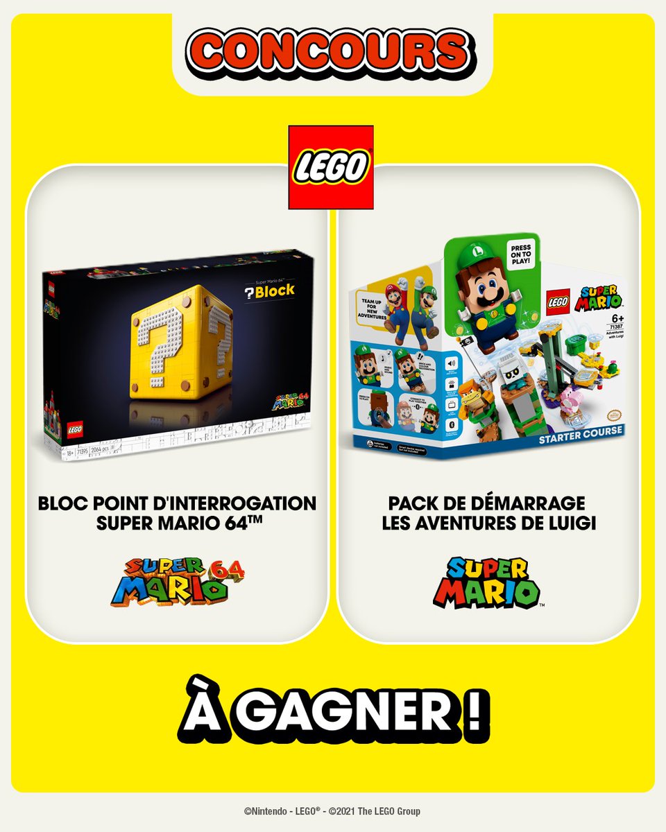 [CONCOURS 🎁] Pour les fêtes, tentez de gagner votre aventure LEGO Super Mario à construire !
👉 RT + dites-nous sous ce tweet avec qui vous aimeriez construire ces sets LEGO, en utilisant le hashtag #LEGOSuperMario !

Fin : 23/12 à 23h59
Infos : bit.ly/3FiJALL