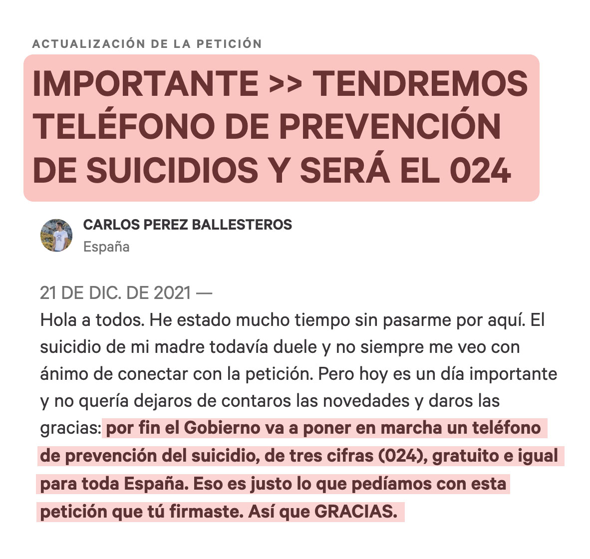 ☎️ 0 2 4 ☎️
"Ese será el teléfono de prevención de suicidios por el que llevamos tanto tiempo luchando. Aunque tarde, nos han escuchado. Es un avance importantísimo pero no pararemos hasta verlo en funcionamiento y atendido por profesionales"👇
change.org/p/mi-madre-se-… <a href="/cdecaarlos/">Carlos Pérez</a>
