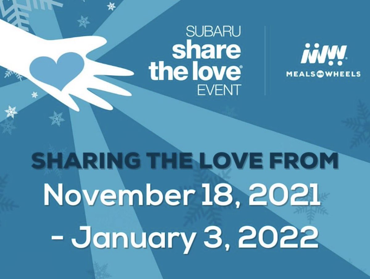 MOWOCNC's tweet photo. There is still Time! Purchase or lease a new Subaru before January 3, choose Meals on Wheels as your charitable partner, and Subaru of America will donate $250 to Meals on Wheels! #ShareTheLove #mowocnc @CHsubaru https://t.co/VOHlDHxUn3