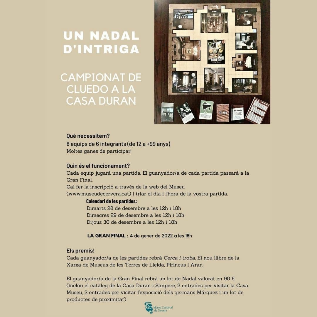 museudecervera's tweet photo. 👉Inscriviu-vos a les #partides dels dies 28, 29 i 30 de desembre
#CampionatCluedoCasaDuran #unNadaldIntriga
El guanyador de cadascuna de les partides s'endurà el nou llibre "Cerca i Troba" dels museus de la @xmtlla
i passarà a la #GranFinal‼🥇🎁 del 4 de gener 👇👇👇 https://t.co/XzilKMvStn