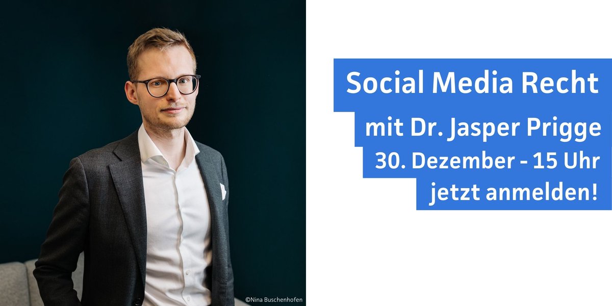 Was muss ich bei der Veröffentlichung von Beiträgen beachten? Und wie sichert man sich rechtlich ab?
Das und mehr klären wir mit <a href="/JasperPrigge/">Jasper Prigge</a> in unserer diesjährigen Winterakademie am 30. Dezember um 15 Uhr zum Thema "Social Media Recht".

Weitere Infos: 
jprlp.de/socialmediarec…