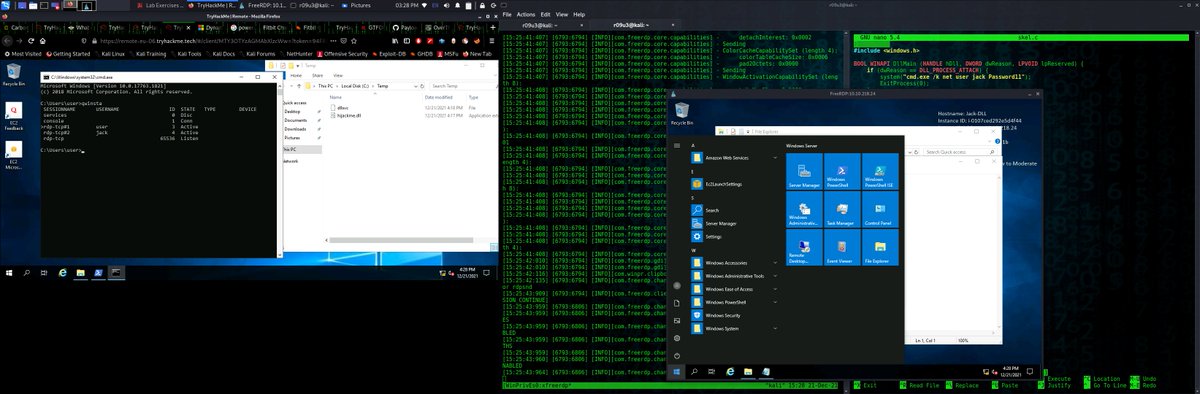 tinopreter's tweet image. Uploaded a malicious DLL to the machine on my LEFT. This dll changed the password of one of the users. I used the users name and his new password to RDP into the system as you can see on the RIGHT.
#DLLHijacking