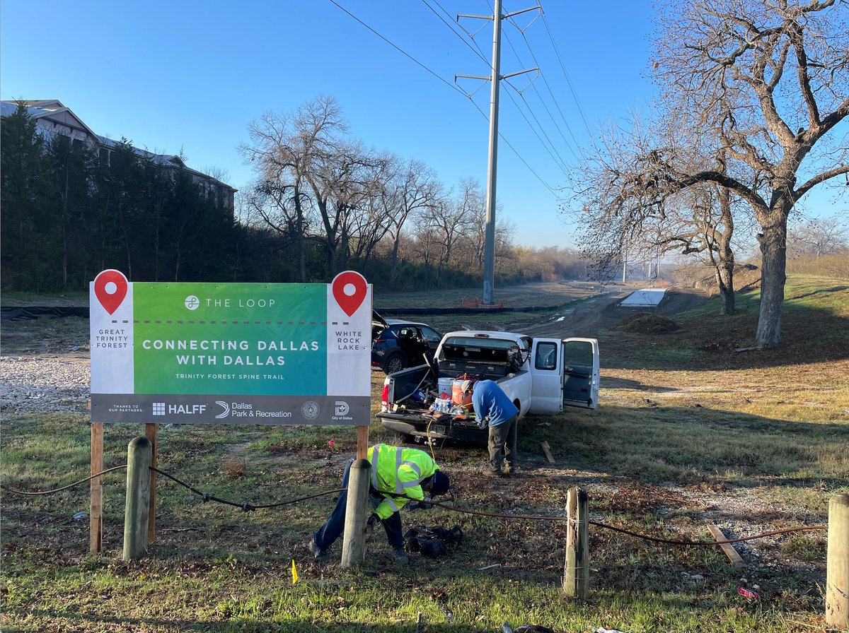 TheLoopDallas's tweet photo. New construction sign is up for the Trinity Forest Spine Trail! Not only are we excited to inform the neighborhood of this upcoming trail, we also want to thank the partners who are bringing this to reality @DallasParkRec @DallasCountyTx @CityOfDallas @HalffAssociates @oncor https://t.co/xVf0jGUQy1