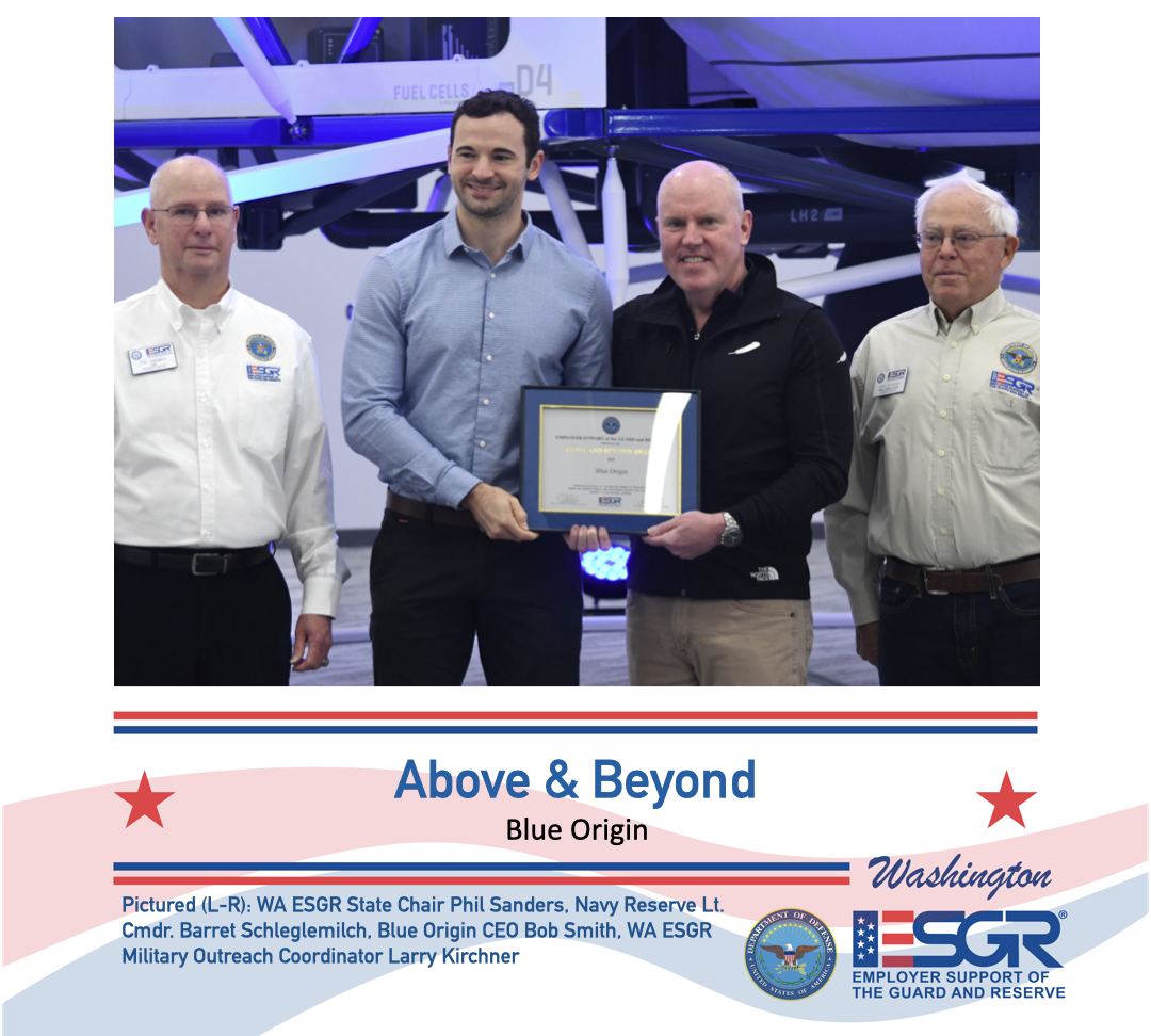 WA_ESGR's tweet image. Thank you @blueorigin for being supportive of your employees who serve in the #ReserveComponents and being awarded the @ESGR Above &amp;amp; Beyond Award for providing support beyond the requirements of #USERRA.  #KnowYourMil #ESGR  @LarryDKirchner 
Read more at esgr.mil/News-Events/ES…