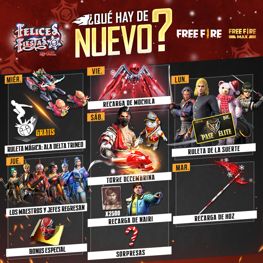 freefirelatino's tweet photo. ❄📕 ¡LA AGENDA SEMANAL ESTÁ AQUÍ! 📕❄

¡Nuestra Agenda semanal trae sorpresas que te congelaran! 🥶

¡La Torre de Tokens llega con el Puño Llama Congelada y el nuevo aspecto Guerrero del Resplandor! 🤩

No olvides la Ruleta Mágica con el Ala Delta Trineo. 🛷
¡No te lo pierdas! https://t.co/bckUTkaOX1