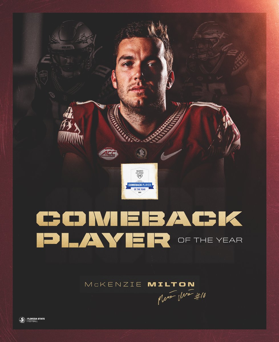 FSUFootball's tweet photo. Congrats KZ‼️ Mayo Clinic Comeback Player of the Year

#NoleFamily | #KeepCLIMBing 

🔗: https://t.co/h5tFEjcRK1 https://t.co/7sbBElfsyy