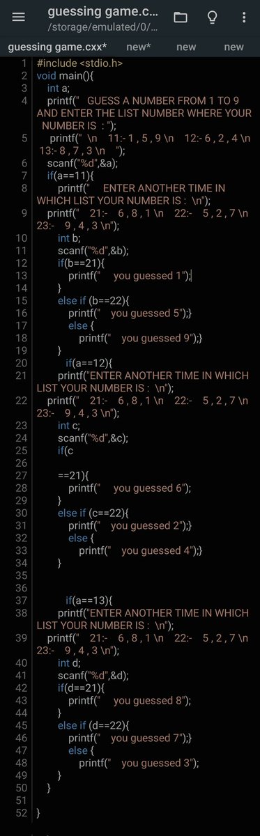 RMSandhan's tweet photo. Welcome to my first Guessing game 🥳🤓

The program will Guess which number you guess in between 1 to 9,
Using if ,else if ,else and some function like printf() , scanf().... https://t.co/Uxn75VHiwt