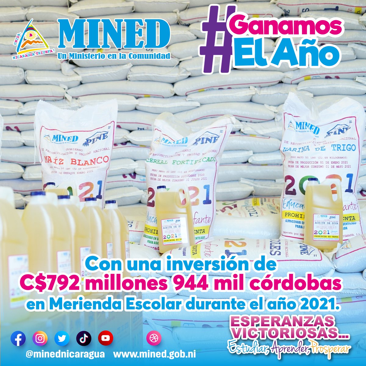 #GanamosElAño con una inversión de C$792 millones 944 mil córdobas en Merienda Escolar durante el año 2021.

#Nicaragua