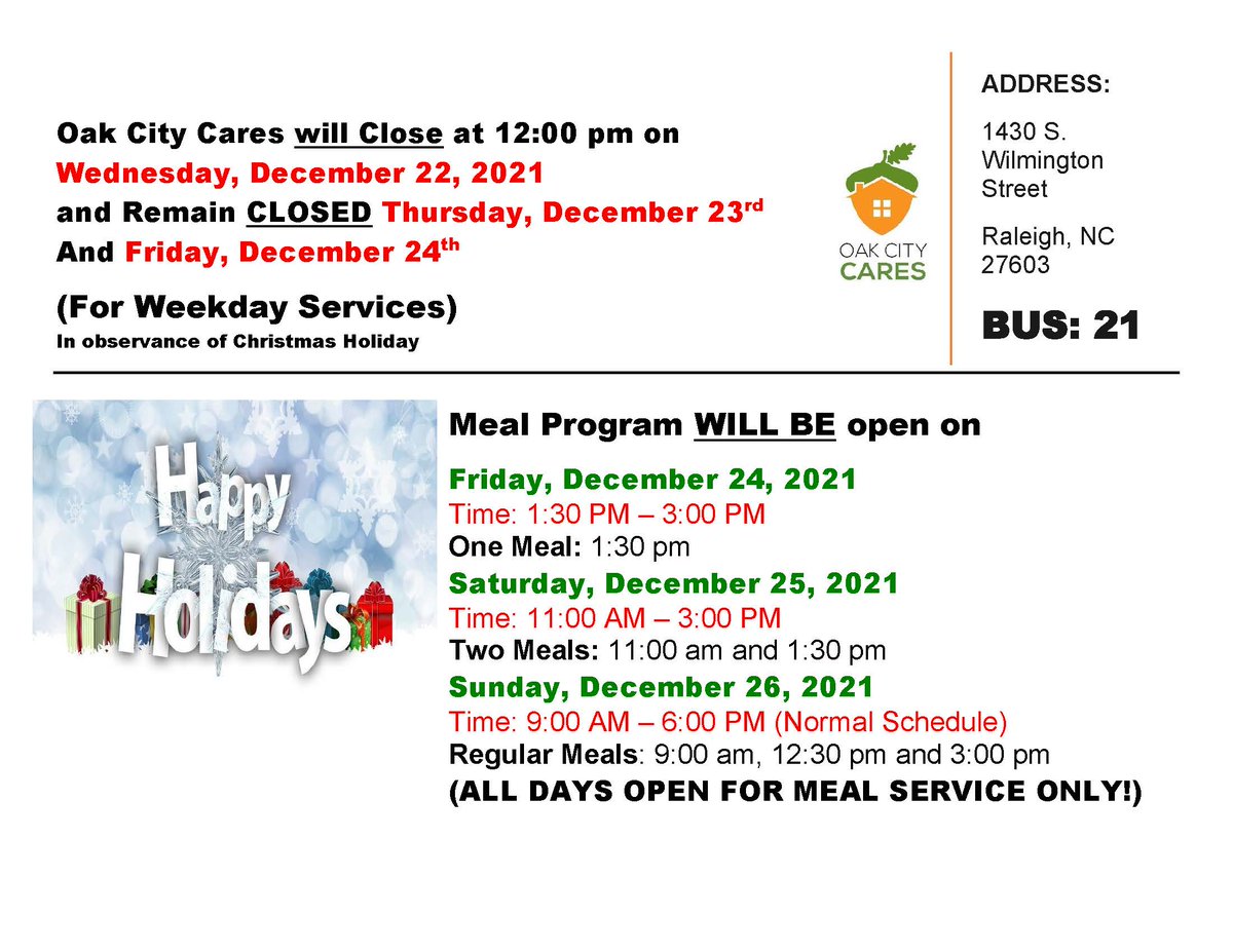 Happy holidays to all!🎄☃️
Please see the flyer with our updated holiday hours. OCC will close at noon today and remain closed through Friday. Our meal services will be open beginning 12/24.