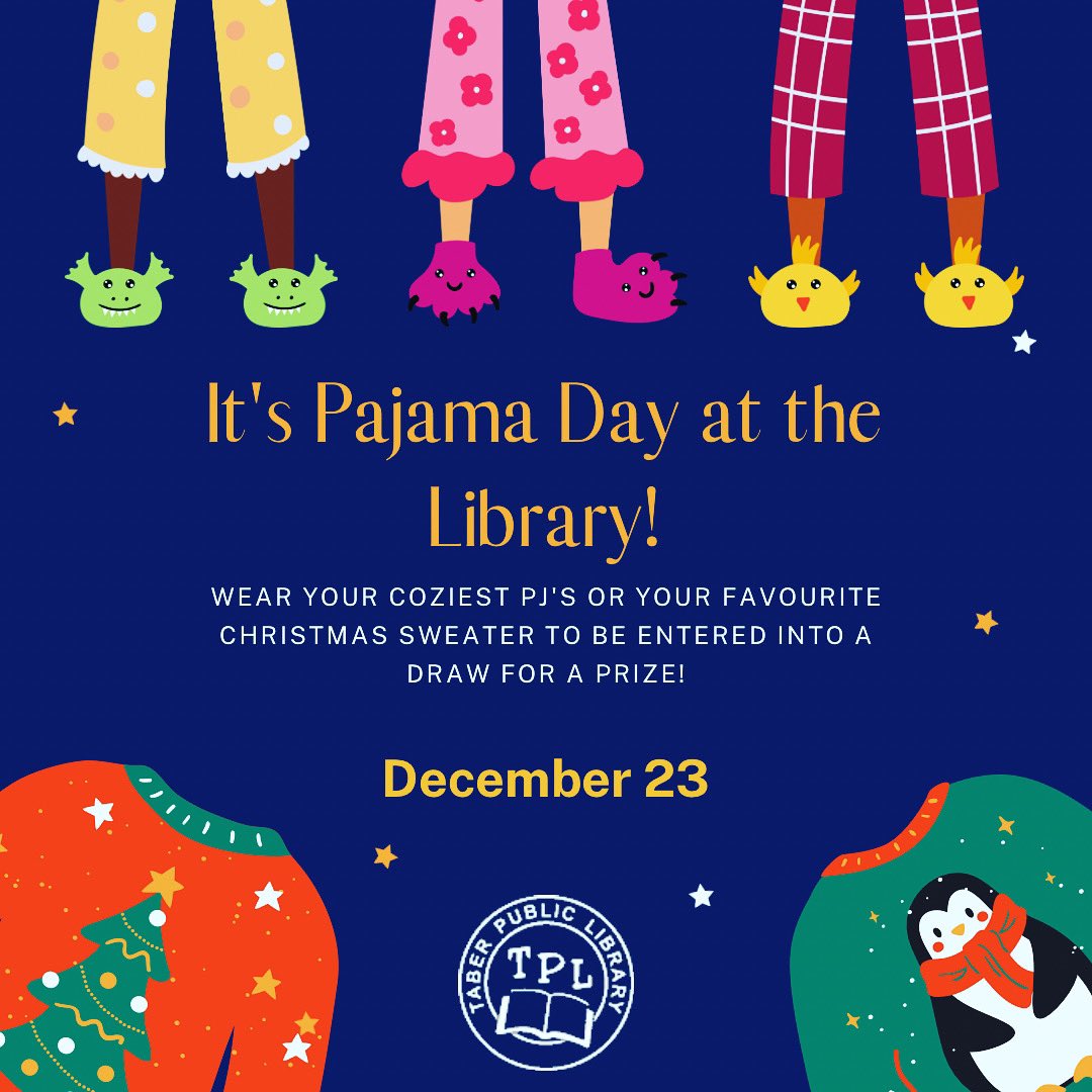 TaberLibrary's tweet photo. Does the thought of changing out of your PJ's make you shudder? 

We have the perfect day for you! Come visit us in all your fluffy flannel glory this Thursday; stroll the shelves in your bunny slippers &amp; be entered to win our prize!

#TaberAB #TaberEvents #TaberLibrary #PJDay https://t.co/uTGAbyOE6e