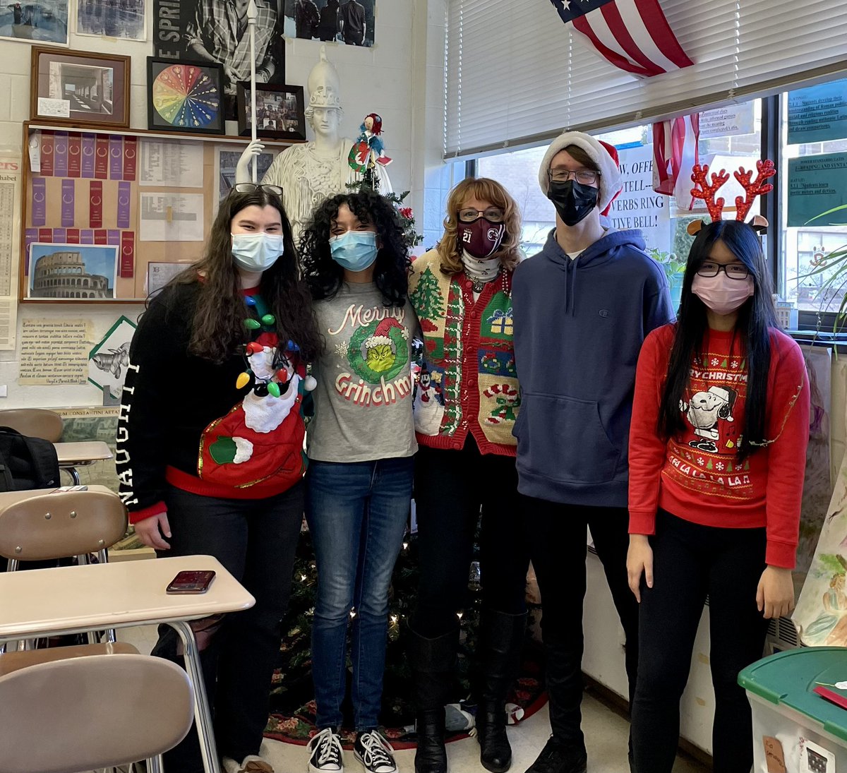 BCHSmagistra's tweet photo. #UglyChristmasSweater Day at BCHS. #BCLatin always represents!#LatinRocks https://t.co/MBOAf2D0Qd
