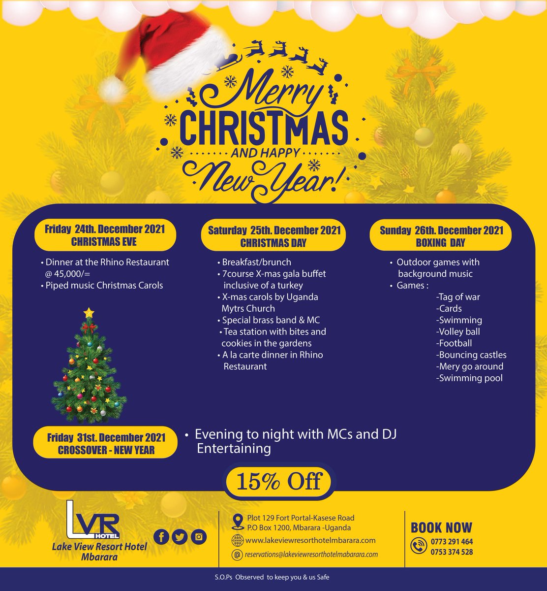 LakeViewHotelUG's tweet photo. M E R R Y C H R I S T M A S
Explore our Festive Season Program.
Friday 24th Christmas Eve
Saturday 25tg Christmas Day
Sunday 26th Boxing Day
Friday 31st New Year's Eve
BOOK NOW; 0773291464 / 0753374528
#Staycation2021 #christmas2021 #merrychristmas https://t.co/gIauezgKjk