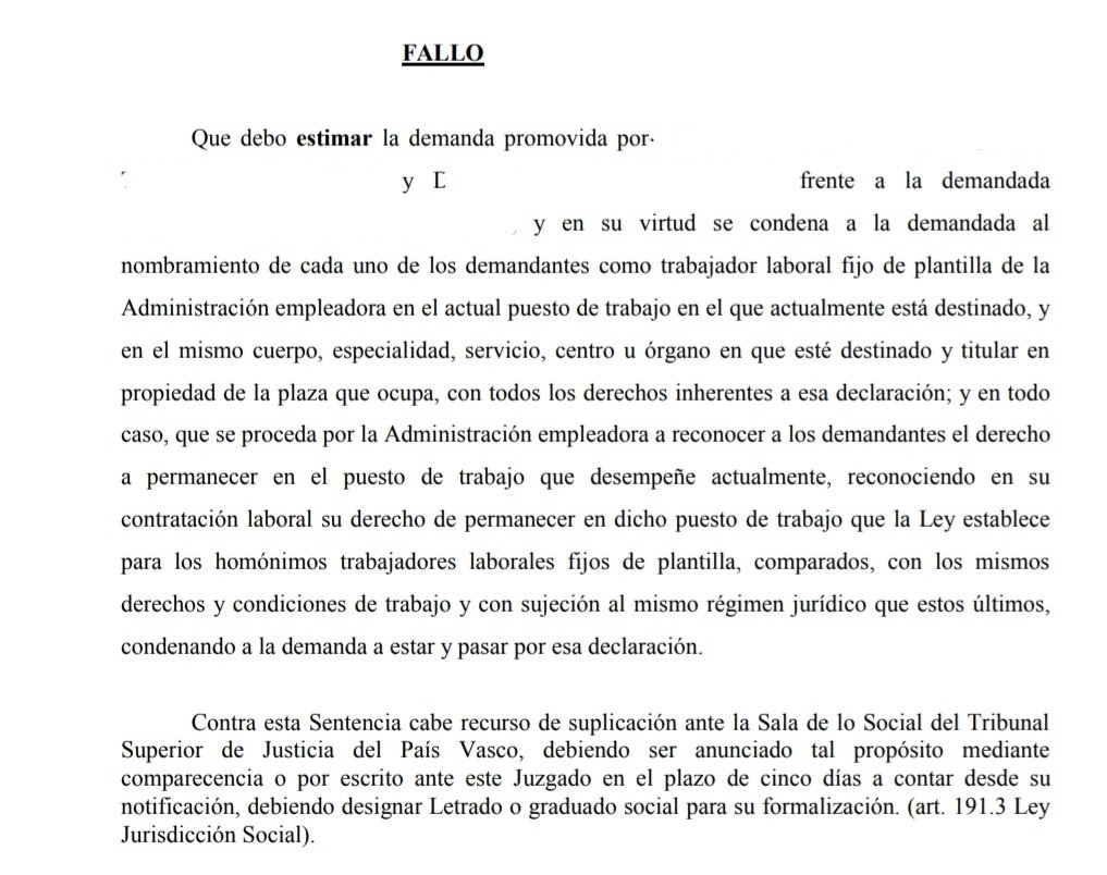 fijeza_arauz's tweet image. 💪🏽💪🏿 SENTENCIA ESTIMATORIA 🗣️ DEL JUZGADO SOCIAL N° 5 de SAN SEBASTIÁN ⚖️

👉 Doctrina comunitaria AUTORIZA la fijeza a pesar de las disposiciones nacionales constitucionales que prohíben la conversión.

👉 Personal temporal sí acredita publicidad, igualdad, mérito y capacidad.