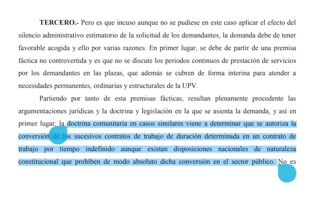 fijeza_arauz's tweet image. 💪🏽💪🏿 SENTENCIA ESTIMATORIA 🗣️ DEL JUZGADO SOCIAL N° 5 de SAN SEBASTIÁN ⚖️

👉 Doctrina comunitaria AUTORIZA la fijeza a pesar de las disposiciones nacionales constitucionales que prohíben la conversión.

👉 Personal temporal sí acredita publicidad, igualdad, mérito y capacidad.
