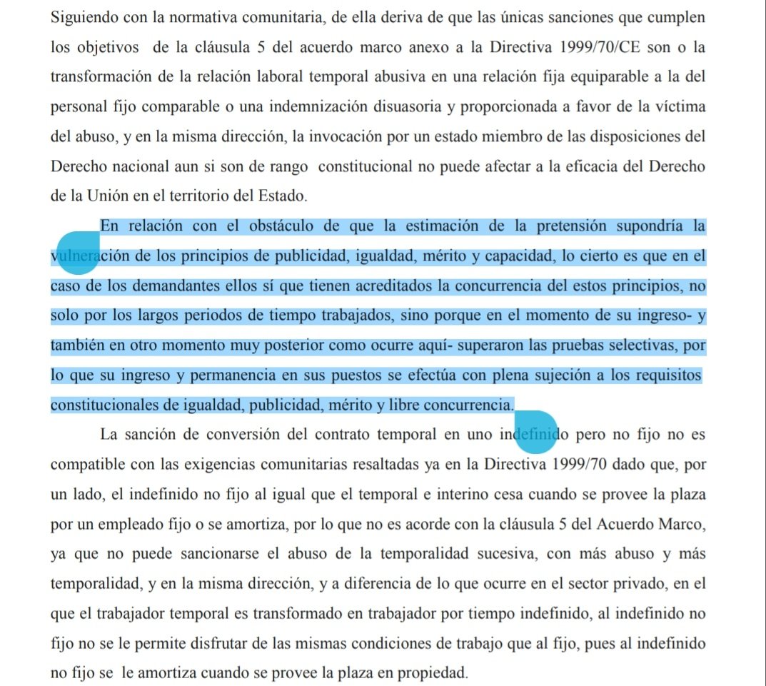 fijeza_arauz's tweet image. 💪🏽💪🏿 SENTENCIA ESTIMATORIA 🗣️ DEL JUZGADO SOCIAL N° 5 de SAN SEBASTIÁN ⚖️

👉 Doctrina comunitaria AUTORIZA la fijeza a pesar de las disposiciones nacionales constitucionales que prohíben la conversión.

👉 Personal temporal sí acredita publicidad, igualdad, mérito y capacidad.
