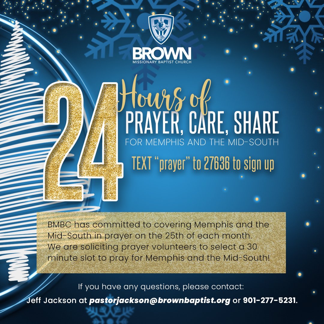 BrownBaptist's tweet image. It’s time for Prayer, Care, &amp;amp; Share! 🙏🏾 #BMBC is committed to covering our community in prayer every 25th of each month! Sign up TODAY for a 30-minute prayer slot to pray for Memphis &amp;amp; the Mid-South using this link: 

#PrayForMemphis #BrownBaptist #YearOfCalling #Pray