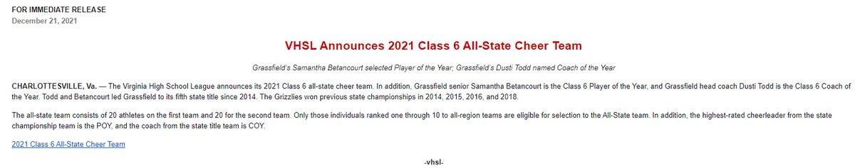 VHSL_'s tweet photo. VHSL Announces 2021 Class 6 All-State Cheer Team: https://t.co/wVomRVJI5R