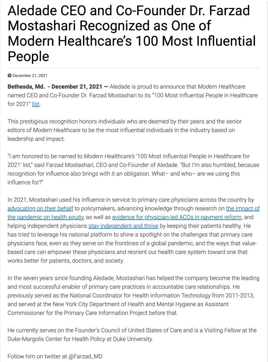 Farzad_MD's tweet image. I am honored to be named to @modrnhealthcr ‘100 Most Influential People’ list

But I’m also humbled, because recognition for influence also brings with it an obligation

What– and who– are we using this influence for?

For me, it's prevention, and independent primary care