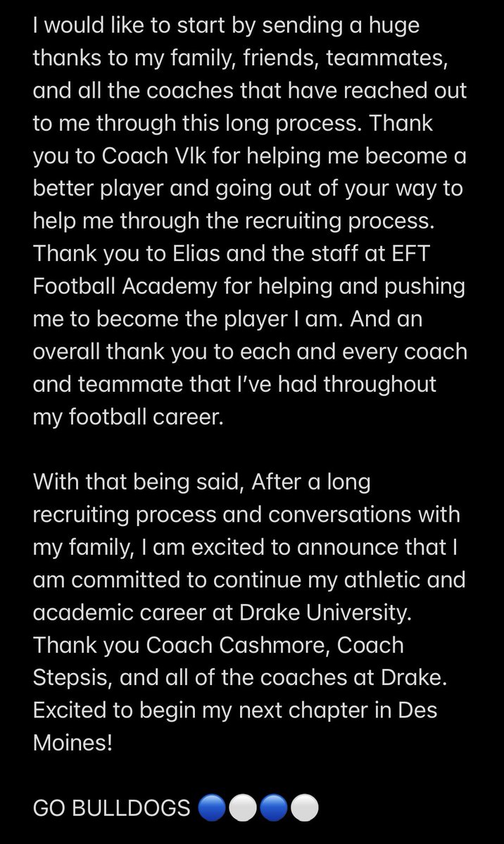 COMMITTED!!! <a href="/DrakeBulldogsFB/">Drake Football</a> <a href="/WillieCashmore/">Willie Cashmore</a> <a href="/tstepsis/">Todd Stepsis</a> <a href="/BGHITMEN/">Coach Vlk</a> @EFTfootball