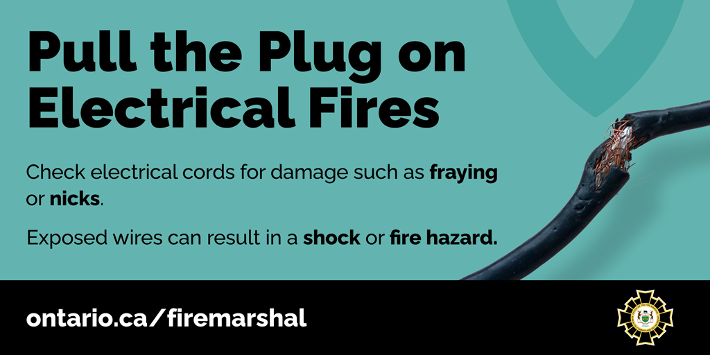 ONFireMarshal's tweet photo. If you notice an electrical cord around your home and are wondering if it might be a problem, deal with it immediately – electrical fires can cause serious injury and can be fatal. https://t.co/nQieUUZlvr