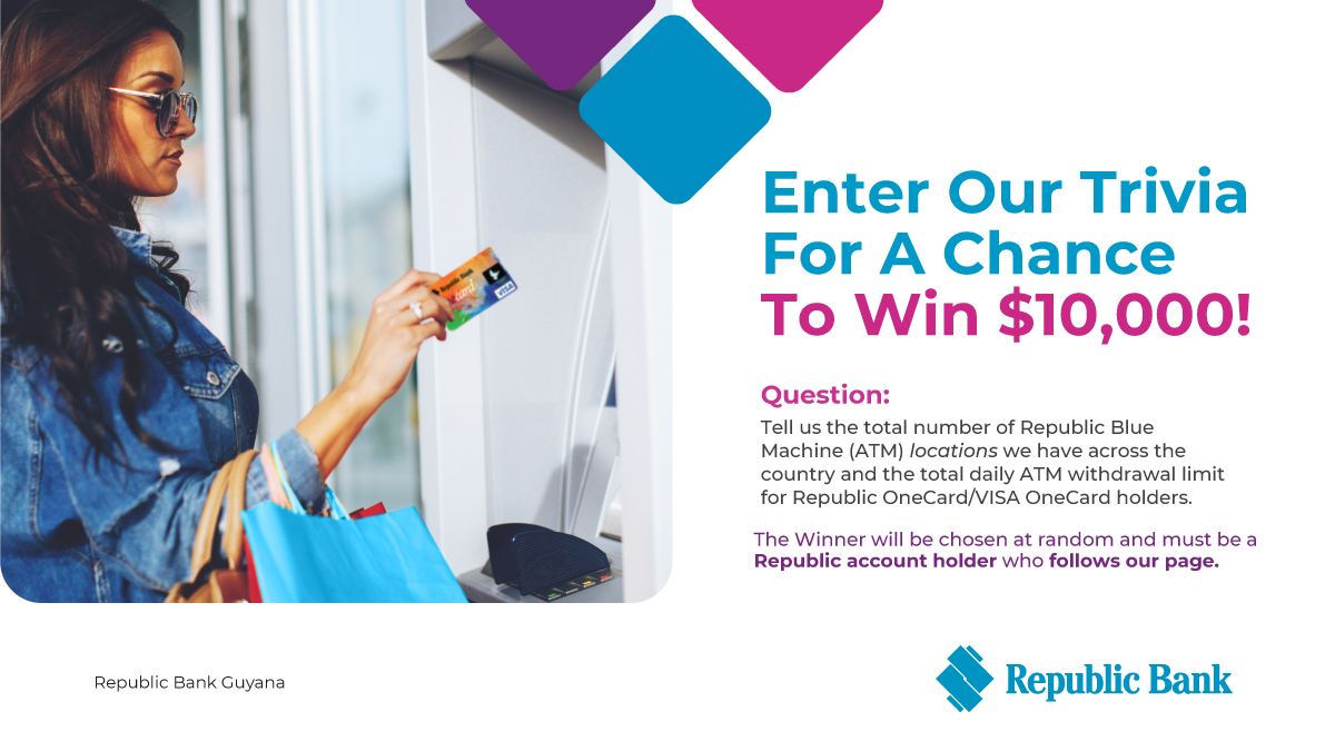 republicbankgy's tweet photo. Answer for a chance to WIN $10,000! Tell us the total number of Republic Blue Machine (ATM) locations across the country and the total daily ATM withdrawal limit for Republic OneCard/VISA OneCard holders. A winner will be randomly selected on Thursday, 23rd December, 2021. https://t.co/l1PGtZweCj