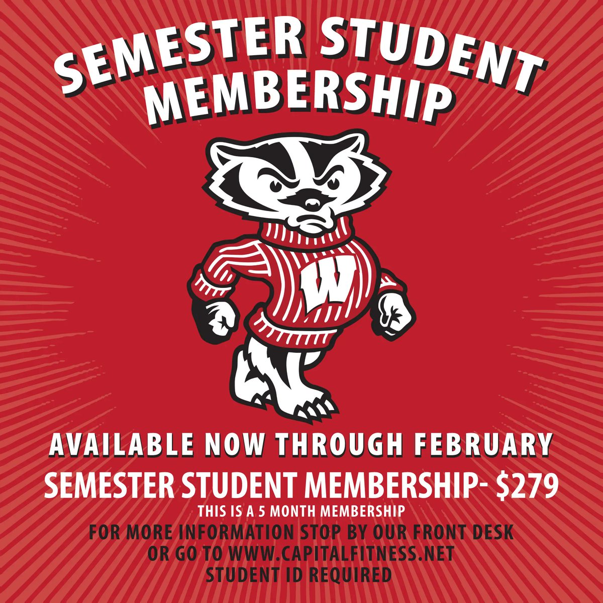 CapFitMadison's tweet image. Student memberships are on sale now through the end of February!
Semester Student membership- $279
This is a 5-month membership, it includes 5 guest passes and full access to both our locations.
Best deal in Madison!