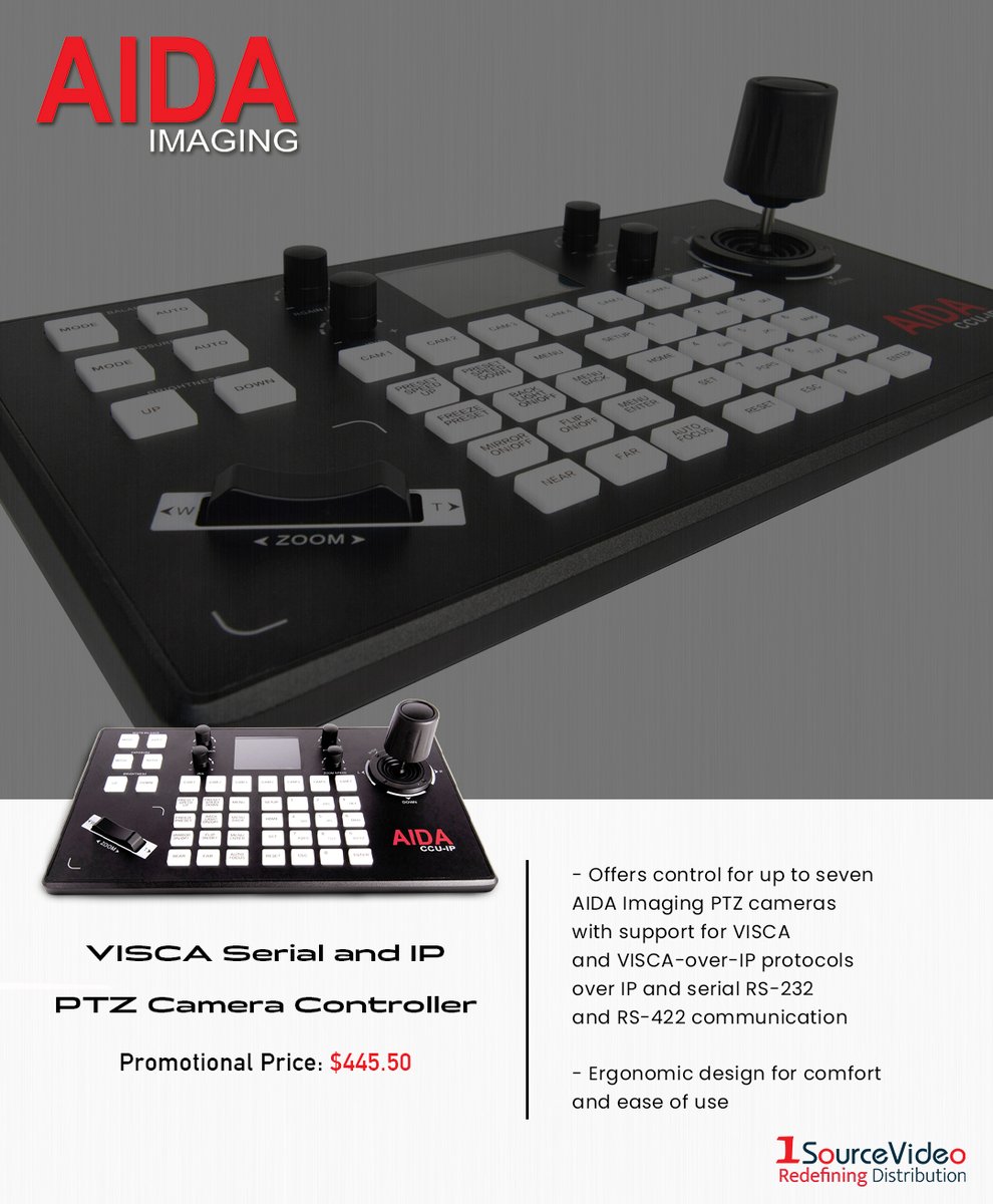 1sourcevideo's tweet photo. Pilot your PTZ cameras with ease with @AIDAimaging's CCU-IP, a full featured PTZ joystick controller for serial and IP camera control!
#AIDAImaging #1SourceVideo #ccuip #PTZcameras #pantiltzoom #cameracontroller #filming #filmmaking #filmmaker #cameras #RedefiningDistribution https://t.co/XGrv57HUHF