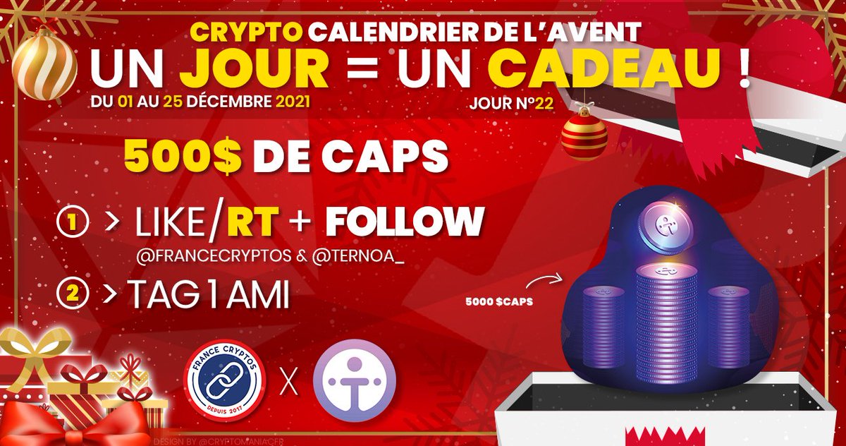 France Cryptos 🔗 (@francecryptos) on Twitter photo #CRYPTOCALENDRIER 🎄 22/25
Aujourd'hui gagnez ~ 500$ de #Crypto grâce <a href="/Ternoa_/">Ternoa 2.0 🥛🍓</a> ⚡️ ( 5 x 1000 $CAPS )
Pour participer :
👉 Follow <a href="/FranceCryptos/">France Cryptos 🔗</a> & <a href="/Ternoa_/">Ternoa 2.0 🥛🍓</a>
👉 Likez & Retweetez
👉 @ un ami !
⏳ TAS le 26/12 !
Bonne chance à tous ! 🍀 #Concours 🎁 #Noël #CRYPTOCALENDRIER 🎄 22/25
Aujourd'hui gagnez ~ 500$ de #Crypto grâce <a href="/Ternoa_/">Ternoa 2.0 🥛🍓</a> ⚡️ ( 5 x 1000 $CAPS )
Pour participer :
👉 Follow <a href="/FranceCryptos/">France Cryptos 🔗</a> & <a href="/Ternoa_/">Ternoa 2.0 🥛🍓</a>
👉 Likez & Retweetez
👉 @ un ami !
⏳ TAS le 26/12 !
Bonne chance à tous ! 🍀 #Concours 🎁 #Noël