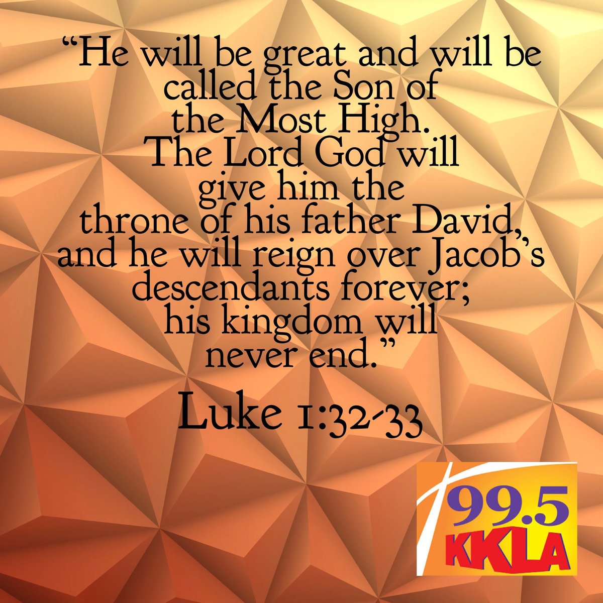 kkla995fm's tweet photo. Here is your Bible Verse of the Day! (Source: @Crosswalk_com)
•
#KKLA #995FM #LA #LARadio #Radio #Christian #Christianity #Blessed #Faith #DailyBibleVerse #TheBible #Luke132 #Luke133 https://t.co/C5qHbpMUa1