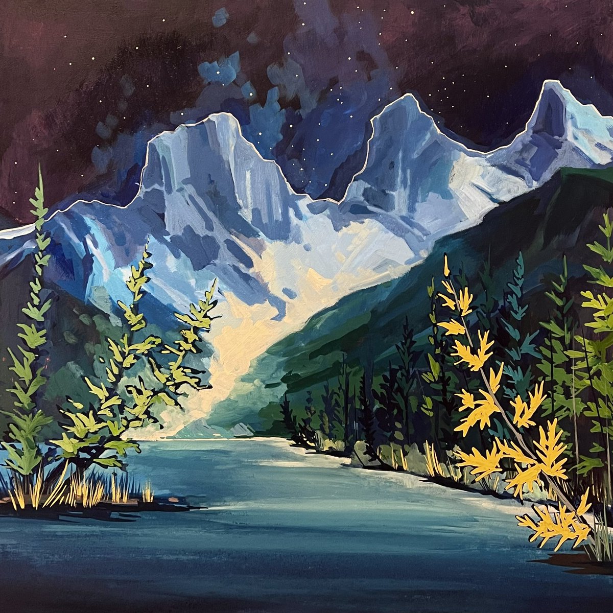 artSWC's tweet photo. Fresh off the easel for Day 21 of the #ArtAdventCalendar is this 24” x 24” painting titled Three Sisters under the Stars - I finished this piece after painting live yesterday @HospiceEdmonton and I am so happy how magical this painting turned out! #art #yegart #artist #canmore https://t.co/jkxyT6RHQe