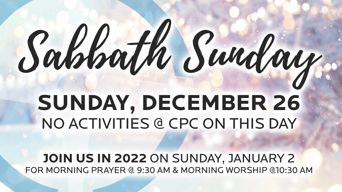 Hey CPC Family!  Just a reminder that we will not be having services on Sunday December 26th to allow our teams and their families to rest.  We love you all and hope to see you this week at Christmas is Near and our Candlelight Christmas Eve Service!