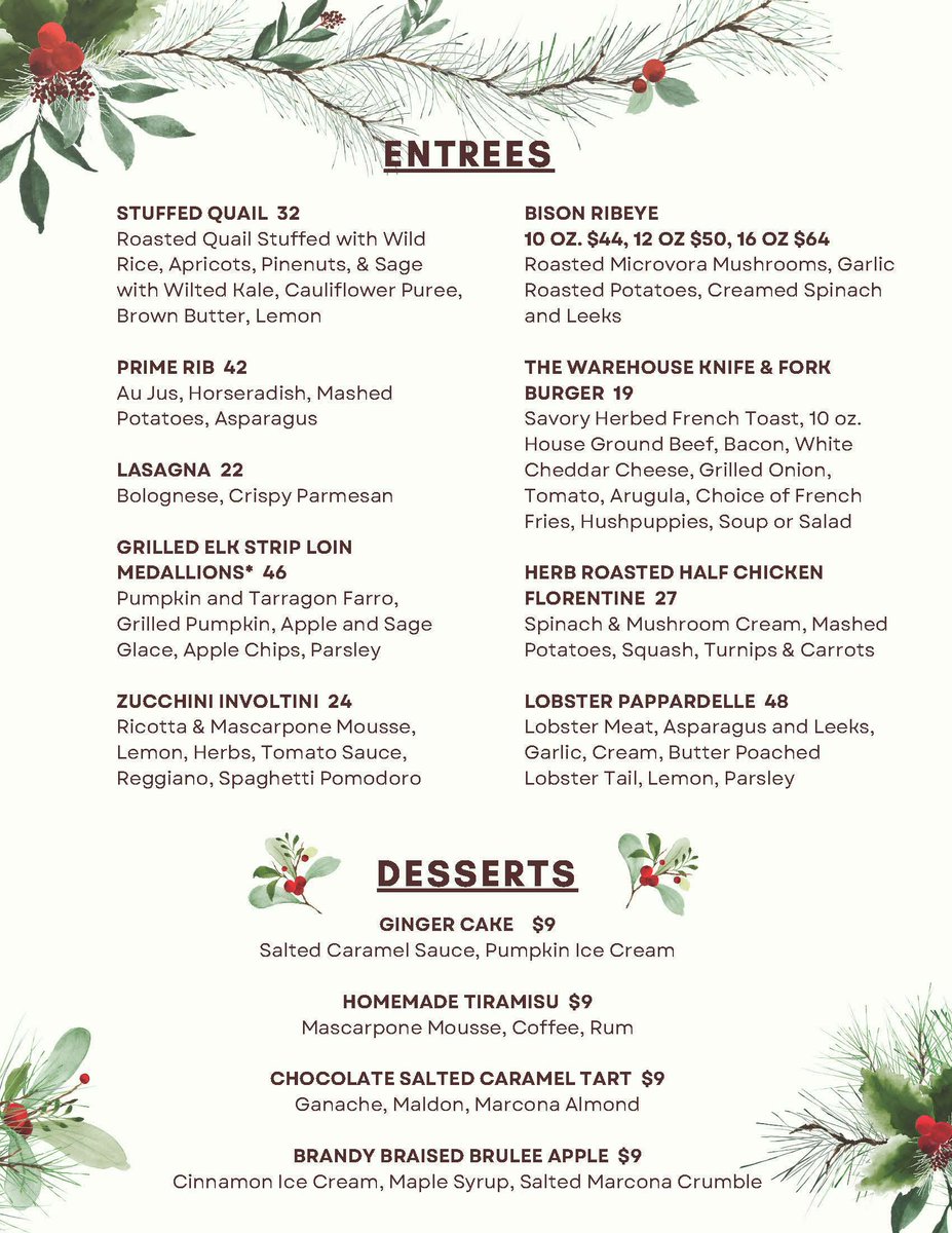 Christmas Eve at The Warehouse! 4-9 pm Call for Reservations. Menu is now online