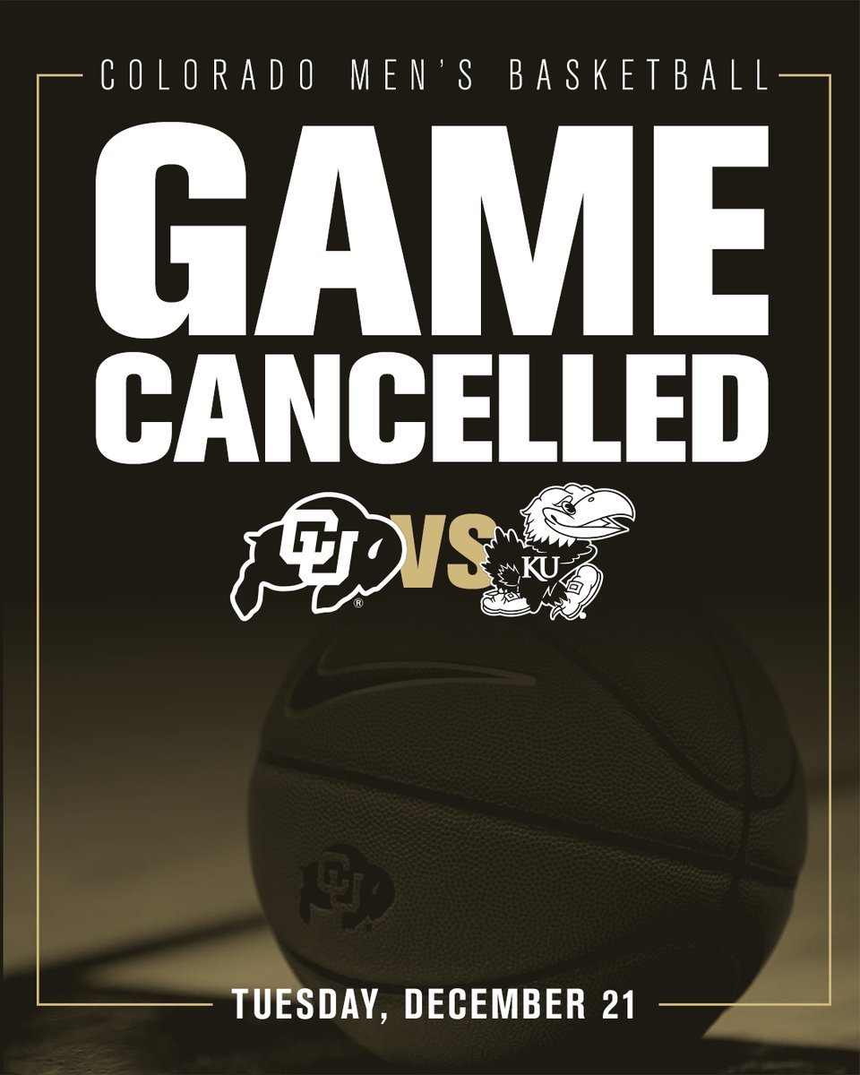 The University of Colorado men’s basketball game against the University of Kansas scheduled for tonight at the CU Events Center has been canceled due to COVID-19 protocols within the Buffs’ program. 

More Info: buffs.me/3phuJLR