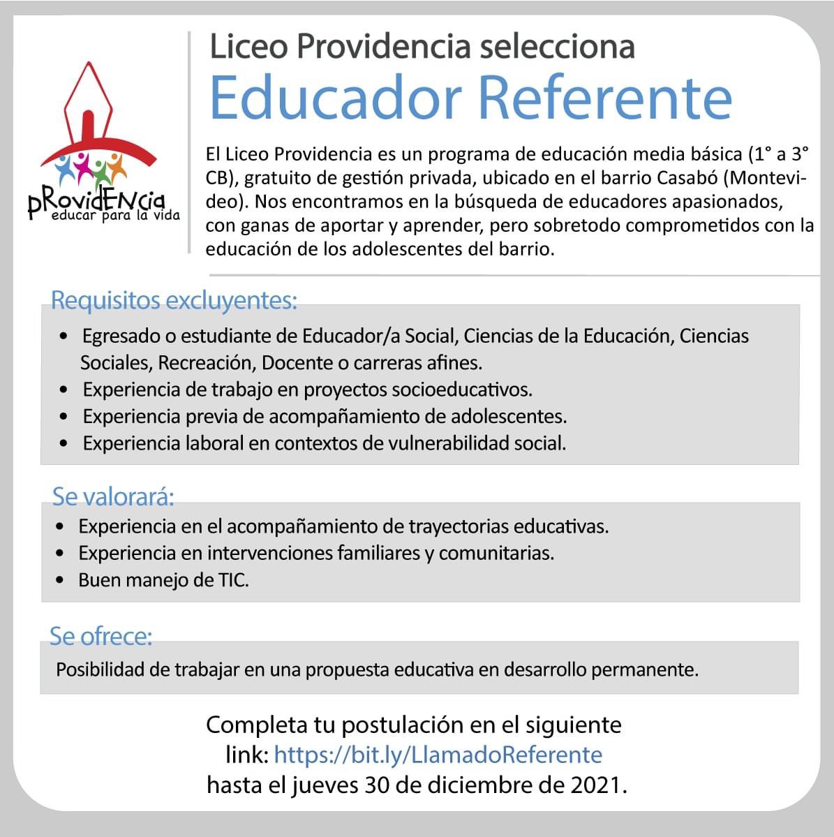LLAMADO: Liceo Providencia selecciona educador referente. Te podes postular hasta el jueves 30 de diciembre completando este formulario 👉bit.ly/LlamadoReferen…
Ayudanos compartiendo 🙏